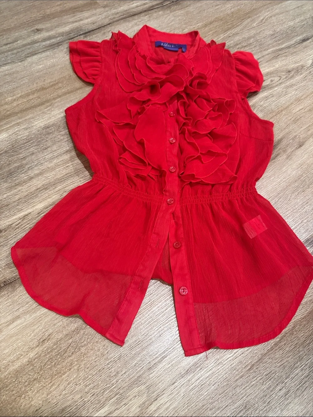 Miley Cyrus & Max Azria Red Ruffled Button-Front Sheer Blouse - Picture 4 of 7